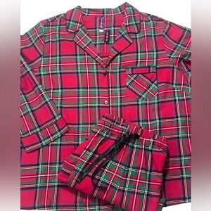 3X Plus Womens Flannel Pajamas Set Red Tartan Plaid Long Pants Button Top